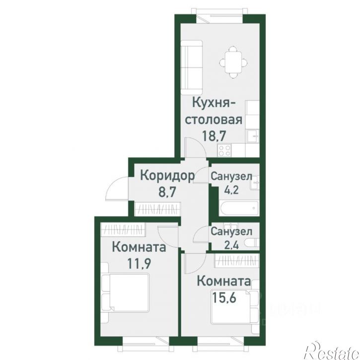 2-комн квартира в новом доме Сосновский район