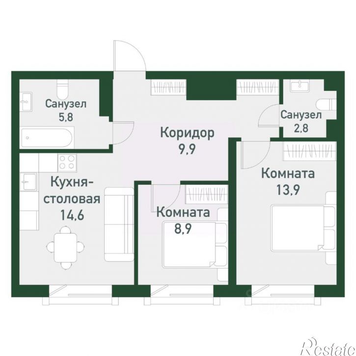 2-комн квартира в новом доме Сосновский район