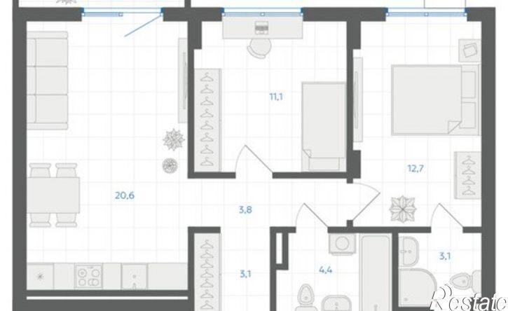 2-комн квартира в новом доме 29-й микрорайон, ЖК Клевер