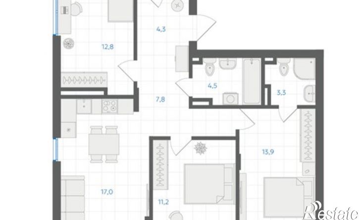 3-комн квартира в новом доме 29-й микрорайон, ЖК Клевер