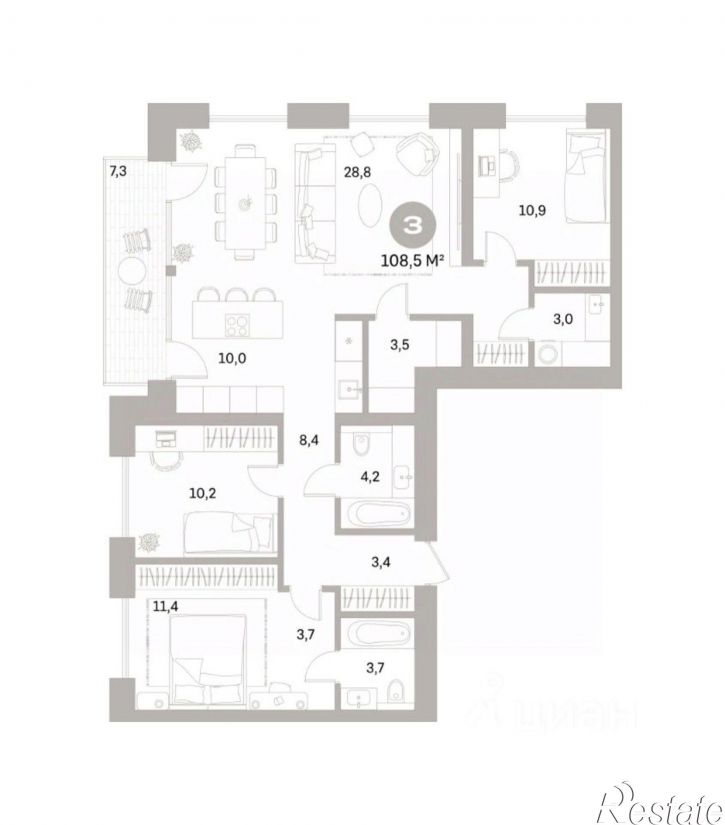 3-комн квартира в новом доме ул Пушкина, 69А,  д. 69А