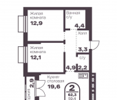 2-комн, 59 кв м, этаж 18/18 пр-кт Ленина, 19В