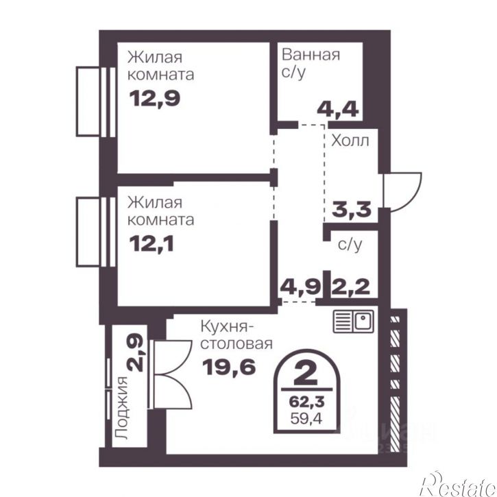 2-комн квартира в новом доме пр-кт Ленина, 19В,  д. 19В