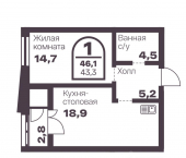 1-комн, 43 кв м, этаж 5/22 пр-кт Ленина, 19В