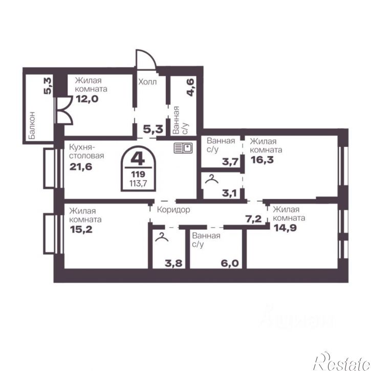 4-комн квартира в новом доме пр-кт Ленина, 19В,  д. 19В