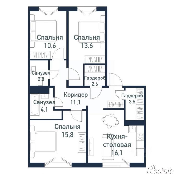 3-комн квартира в новом доме посёлок Западный