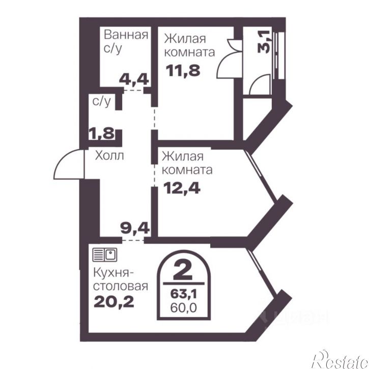 2-комн квартира в новом доме пр-кт Ленина, 19В,  д. 19В