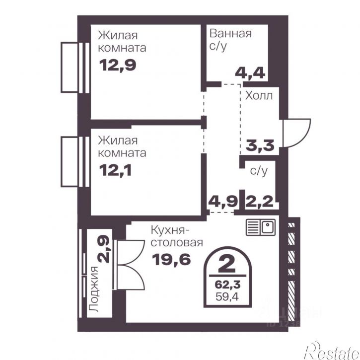 2-комн квартира в новом доме проспект Ленина, 19В,  д. 19В