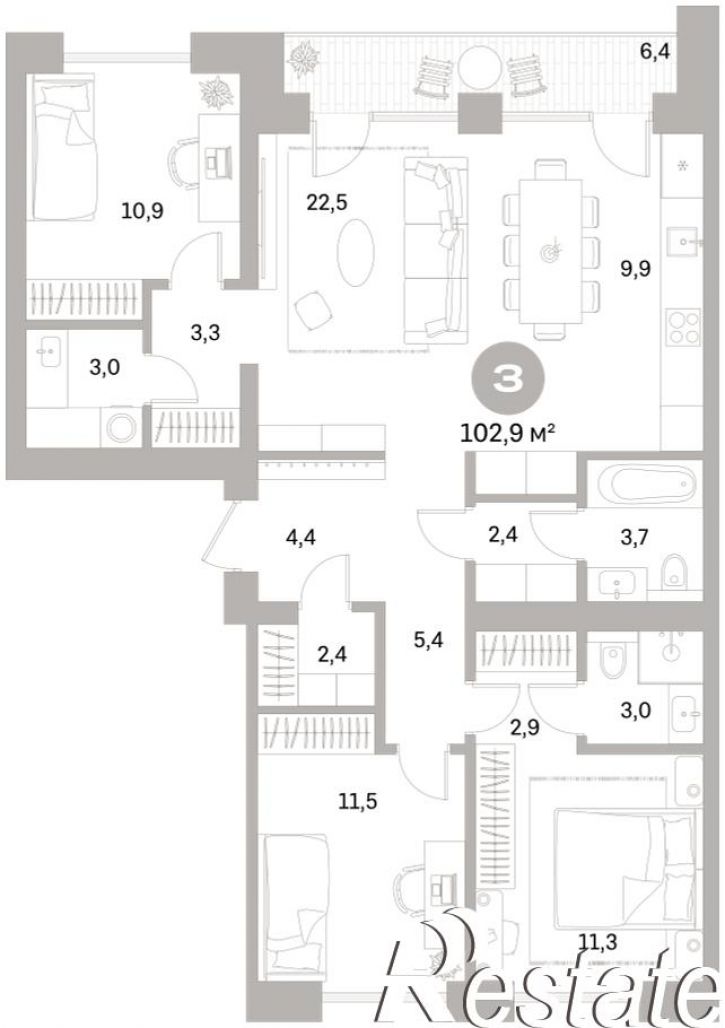 3-комн квартира в новом доме Плеханова, 22