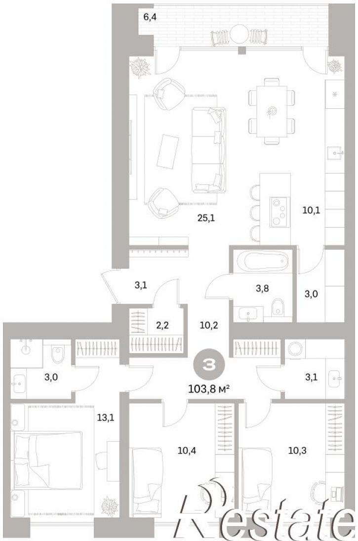 3-комн квартира в новом доме Плеханова, 22