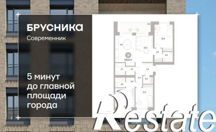 3-комн квартира в новом доме улица Пушкина, 69А,  д. 69А