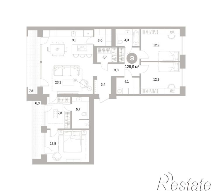 3-комн квартира в новом доме Плеханова, 22